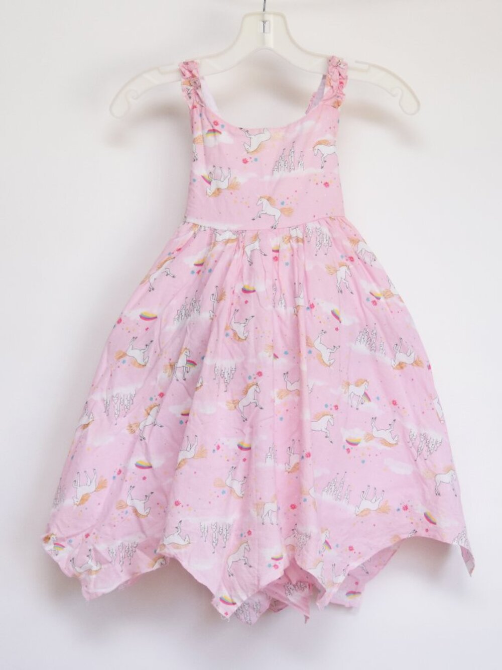 Isaac Mizrahi Girls Pink Unicorn Rainbow Dress Size 7 Handkerchief Hem Lined